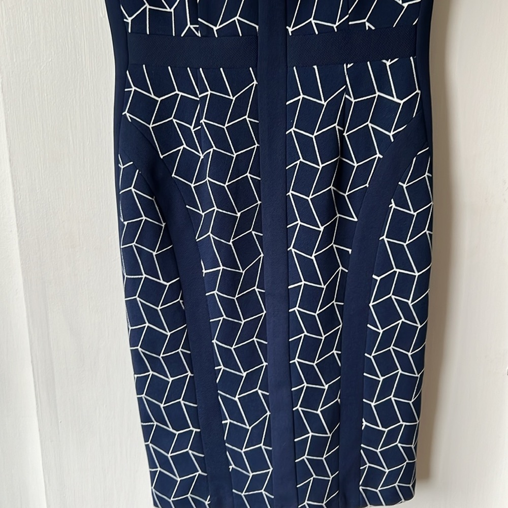 DM Collection Navy Blue Bodycon Midi Dress Crew Neck Back Zip - Size 4 - Picture 4 of 14